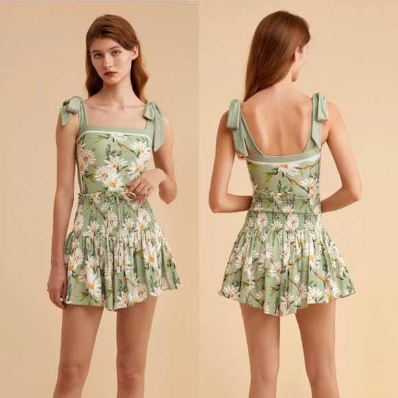 Retro Pale Green Floral Shirred High Waist Drawstring Beach Skirt - Picture 4 of 16